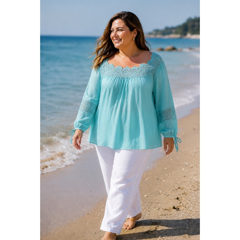 Zac & Rachel Woman Turquoise Lace Trim Lightweight Boho Blouse Top 3X NWT Resort